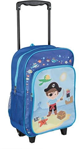 Idena 22045 - Rucksack Trolley mit 2 Rollen für Kinder, blau mit Piraten Motiv, als Handgepäckskoffer, Schultrolley und Kinderrucksack, ca. 40 x 28 x 17 cm