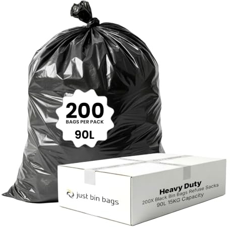 Just Bin Bags 200 x 90L Black Bin Bags - 30 Micron - Heavy-Duty | Durable, reliable refuse sacks for everyday waste handling.