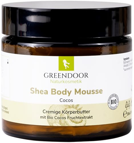 GREENDOOR Körperbutter Cocos, Bodymousse 200ml mit BIO Sheabutter, echter BIO Kokosnuss, rein natürliche Body-Butter, Naturkosmetik Haut-Pflege Körper-Creme Natur, im Braunglas-Tiegel