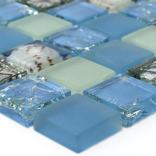 Glas Muschel Mosaikfliesen Blau Silber Weiß Duschwand Waschraum Badezimmer Byron