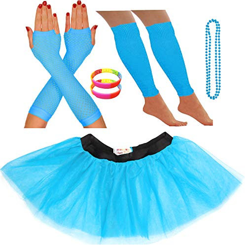 Redstar Fancy Dress® - Tutu-Röckchen, Beinstulpen, Netzhandschuhe, Perlenkette und breite Gummiarmbänder - Neonfarben - Türkis - 32-38