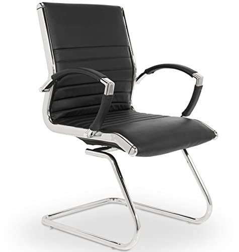 VERSEE Premium Echt-Leder Besucherstuhl Montreal in Schwarz mit Armlehne - Freischwinger mit Chrom für Büro und Konferenzräume - Belastbar bis 150kg