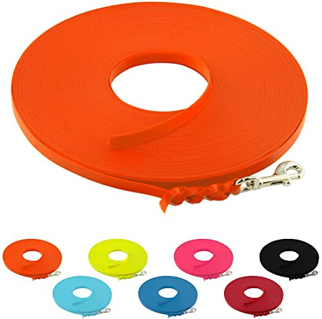 LENNIE Ultraleichte BioThane Schleppleine für Hunde bis 5kg, 15m lang, ohne Handschlaufe, Neon-Orange, geflochten, 9 mm