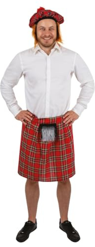 P'TIT CLOWN - 25120 - Kilt d'Écossais - Scottish Kilt, Tartan - Parfait pour Carnaval, Soirées Costumées, Fêtes à Thèmes, Saint Patrick's Day, Ecosse - Adulte Homme - Rouge à Carreaux - Taille Unique