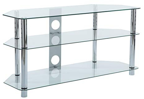 Meuble TV en verre clair avec pied en chrome argent pour 39 40 49 50 Téléviseurs 4K de 105 cm de large