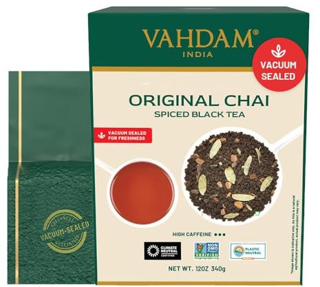VAHDAM Té Masala Chai a Granel | 340g (170+ Tazas) | Té Negro de la India con Especias | Con Cardamomo, Canela, Clavo, Jengibre y Pimienta Negra | Envasado en India