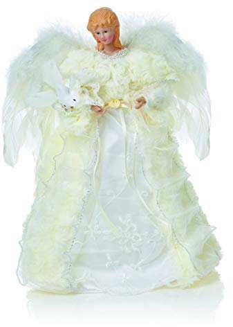 Premier Decorations Ange pour arbre de Noël avec ailes en plumes, robe blanche, manteau en fausse fourrure crème, colombe blanche
