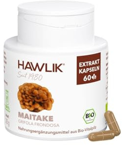 HAWLIK Vitalpilze Bio Maitake Extrakt Kapseln - 60 Kapseln - Mit Vitamin C - Natürlicher Anbau - Vegan - Zuckerrohr-Dose