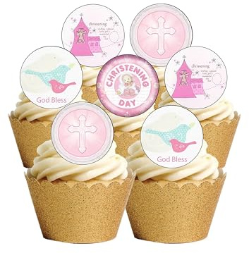 24 Precut Round Edible Wafer Paper Christening Baby Girl Cake Toppers Decorations