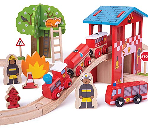 Bigjigs Rail Wooden Fire Station Train Set - 39 Play Pieces Multicoloured