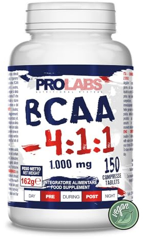PROLABS – Bcaa Aminoacidi Ramificati Compresse 4.1.1, Amminoacidi 100% Veg con Vitamina B6, B1 e L-Leucina (4 parti) Crescita e Recupero Muscolare, Integratore Post e Pre Workout, 150 Tablet (1000 mg)