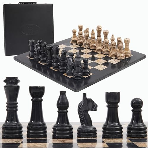 Radicaln Set di scacchi in marmo con scatola di immagazzinaggio 15 pollici Giochi da scacchi fatti a mano in corallo fossile e nero - Giochi per 2 giocatori per adulti - 1 scacchiera e 32 pezzi degli