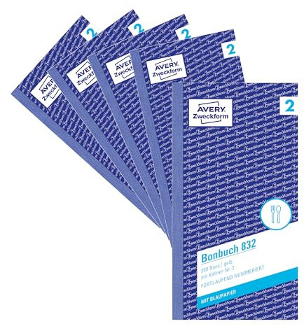 AVERY Zweckform 832-5 Bonbuch (105x198mm, 1.500 Bons mit Kellner-Nr. 2, mit einem Blatt Blaupapier und je einem Durchschlag, 5 Blöcke mit je 300 Stück, ideal für den Gastronomiebedarf) gelb/weiß