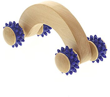 Massageroller aus Holz Massagegerät, Kosmetex Massagehandroller mit blauen Kunststoffnoppen, Klein