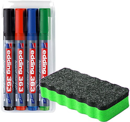 edding 363 Boardmarker (Keilspitze), 4-stück farblich sortiert + Whiteboardlöscher Grün magnethaftend