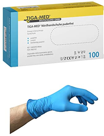 Lot de 100 gants en nitrile jetables à usage unique sans latex non-poudrés taille XL de qualité Tiga-Med (Bleu)