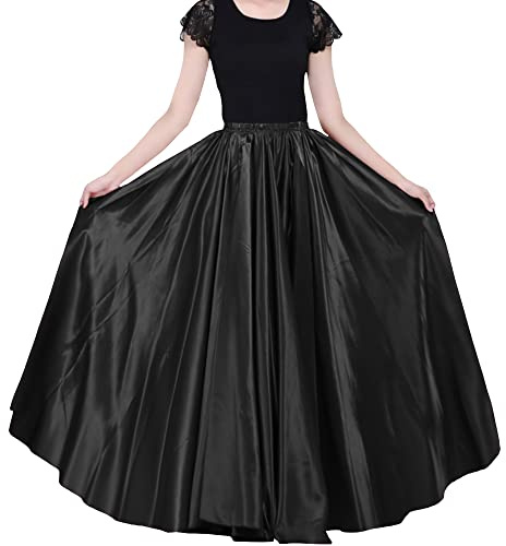 Ladies 90cm Satin Maxi Midi Skirt Long Dress Elastic Waist for Belly Dance Princess Party Cosplay Costume (Black)