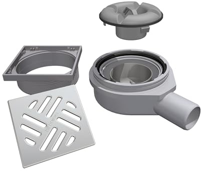 LUX ELEMENTS Waagerechter Ablauftopf TUB-BAW-S I Ablauftopf mit Rost 13 x 13 cm aus Edelstahl inkl. Geruchsverschluss für Duschböden mit Punktablauf