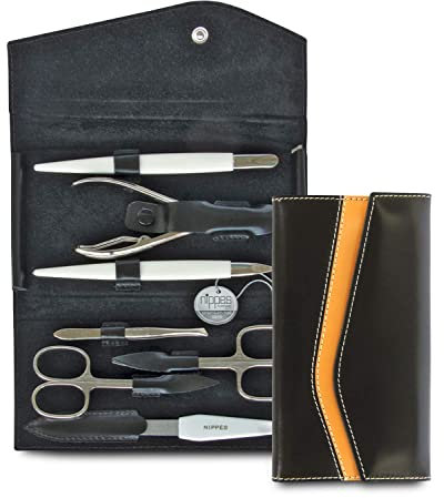 nippes Solingen Premium Line Maniküre Set Seam, 7-teilig, vernickelter Stahl, Schwarzes Rindsleder-Nageletui mit Kontraststreifen, Nagelpflege Set, Made in Solingen/Germany