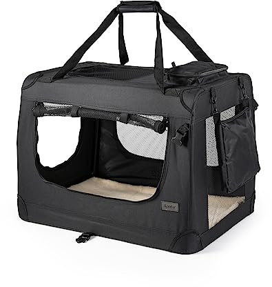 lionto Hundetransportbox faltbar für Reise & Auto, 60x42x44 cm, stabile Transportbox mit Tragegriffen & Decke für Katzen & Hunde bis 12 kg, robuste Hundebox aus Stoff für klein & groß, schwarz