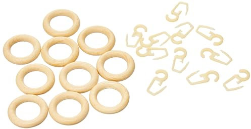 Gardinia Anelli per Tenda per Bacchette per Tendine Montana, incl. Ganci Pieghevoli, 10 Pezzi, Spessore Anelli: 7 mm, Legno, Pino/Naturale