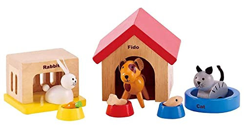 Hape Haustiere für die ganze Familie aus Holz für Puppenhäuser Ergänzung zum Puppenhaus aus Holz mit den fröhlichen Tierfreunden Hund, Katze, Kaninchen und Zubehör