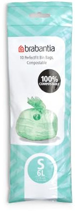 Brabantia 419683 PerfectFit Beutel 6L (S)- 10 Stück pro Rolle Müllbeutel, Maisstärke, weiß, 16 x 16 x 11 cm