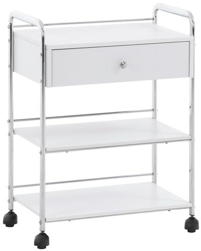 CLP Rollwagen PL912 I Gerätewagen auf Rollen I Kosmetikwagen mit Schublade und DREI Ablageflächen I Allzweckwagen, Farbe:weiß