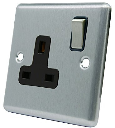 AET CSC1GSOCBS Satin Chrome Classical 1 Gang Black Insert Metal Rocker Switch-13 Amp Single Plug Socket, 240 V