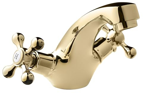 Deva Tudor Bathroom Basin Mixer Tap in Gold - with Pop Up Waste - Dual Cross Handle - Hot & Cold Taps - Victorian Era Deck Mounted Bathroom Basin Single Hole Brass Faucet - TUD113/501