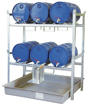 Fassregal, Stahl verzinkt, mit Fassauflage für 6x6 0-l-Fässer, GFK-Auffangwanne 220 l, BxTxH 1410x128