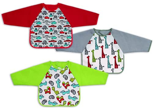 Ti TIN Pack 3 Bavaglini Impermeabili Stampati 73% Cotone - 27% Poliestere | Confezione Da 3 Bavaglini Per Bambini Da 6 a 18 Mesi con Chiusura Automatica e Maniche, 30x34 cm