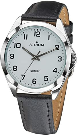 Atrium Herren Armbanduhr Klassisch Sehr Deutlich Silberfarben Analog Quarz mit Leder Armband Schwarz A10-10