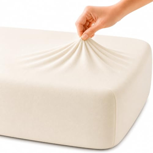 Family Bedding Single Bed - Single Bed Sheets Fitted Deep Pocket - Soft Jersey 100% Cotton 4 Way Stretch Cream Bedding - Shrinkage and Fade Resistant. (Single (100x200cm), Cream).