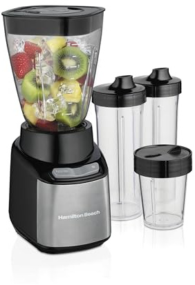 Hamilton Beach MultiBlend Smoothie Blender with 4 Shatterproof BPA Free Jars and Lids; Large 32oz Jar, 8oz Grinder for Nuts & Spices, and 2 Portable Travel Cups, 650 Watts, Black and Stainless (52400)