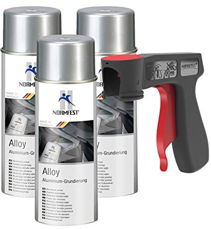 AUPROTEC Pistolengriff + Normfest Aluminium Grundierung Alloy Alu Grund Aluspray 600°C hitzebeständig Spray 3x 400ml
