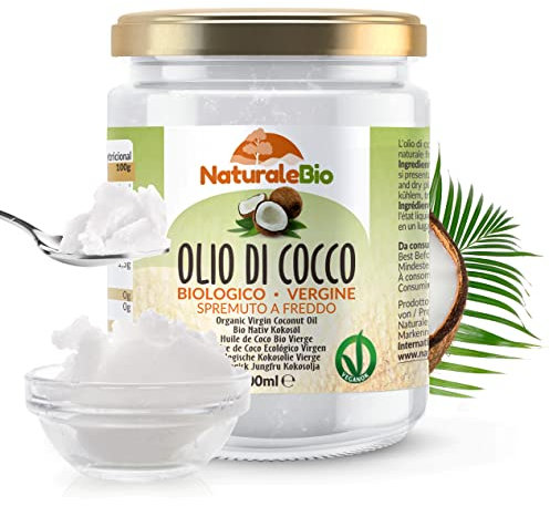 NaturaleBio Olio di Cocco Biologico Vergine 200 ml. Crudo e Spremuto a Freddo. Organico e Naturale. Bio Nativo e non Raffinato. Origine Sri Lanka.