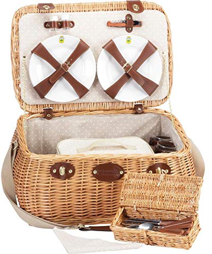 Les Jardins de la Comtesse - Panier Picnic Trocadéro - Complet pour 4 Personnes - Compartiment Amovible - Assiettes en Céramique et Verres à Vin en Verre - Tissu Beige à Pois Blancs - 50 x 33 x 25 cm