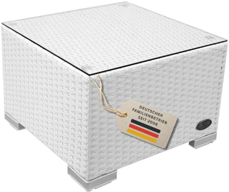 RS Trade Loungetisch Outdoor Rattan – Gartentisch & Beistelltisch aus Polyrattan, Balkontisch klein, Rattantisch für Lounge, auch als Hocker nutzbar, wetterfest, weiß, mit Abnehmbarer Glasplatte