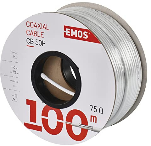 EMOS Cavo antenna 100 m bianco coassiale satellitare TV CCTV tipo CB50F doppia schermatura TV cavo satellitare schermatura 75dB resistenza 75ohm