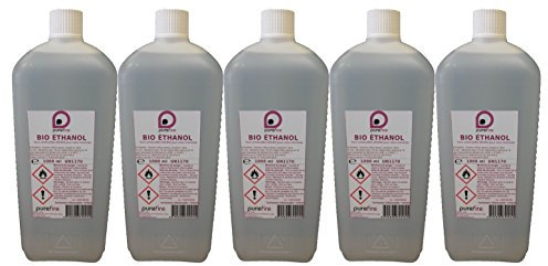 5 Liter Bio-Ethanol Premium, 1 Flasche, 1 Liter, 99,8% purer Brennstoff für mobile Kamine, dekorative oder Außenkamine, purefire