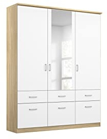 Rauch Möbel Bremen, Kleiderschrank, Farbe Weiß/Eiche Sonoma, Breite 136 cm | Schrank, Mehrzweckschrank, 3-türig, Spiegel, 6 Schubladen, für Schlafzimmer, Kinderzimmer, Homeoffice, Gästezimmer, Garderobe