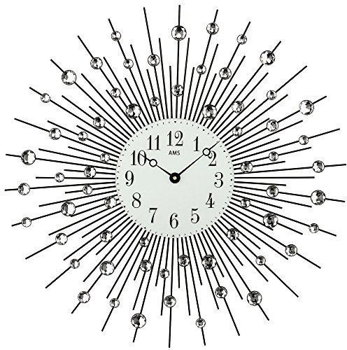 AMS 9380 Glasuhr Wohnzimmer Wand-Schmuck mit Glassteinen, Quarz Dekouhr ausgefallene Wanduhr mit Glasperlen - Glas Metall Designer-Uhr