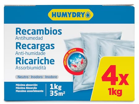 Lot de 4 Recharges Anti-humidité pour Déshumidificateurs - Idéales pour Placards, Salles de Bains et Chambres - Espaces jusqu'à 35 m2 - Sachets de 1 kilo - Parfum : Neutre - Humydry
