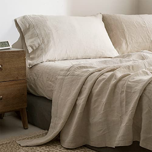 Simple&Opulence 100% Linen Sheet Set with Embroidery Washed - 3 Pieces (1 Flat Sheet & 1 Fitted Sheet & 1 Pillowcase) Natural Flax Soft Bedding Breathable Farmhouse - Linen, Twin Size