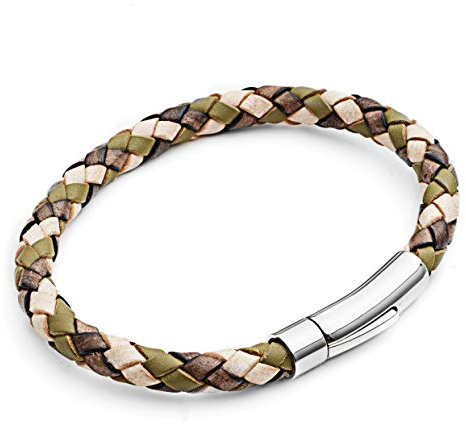 Tribal Steel Leather Bracelet - Mens Plaited Leather Bracelet with Riveted Stainless Steel Rocker Clasp