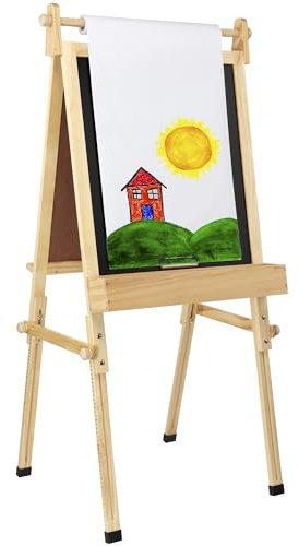 Fundamentals Kids Art Easel 3 in 1 Multipurpose Wooden Art Easel, Chalk Board & Dry Erase White Board & Paper Roll with Paper Clamp Adjustable Height 36.5- 51 - Natural Finish