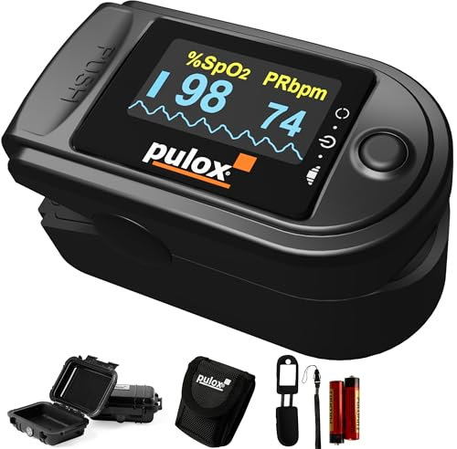 Pulsossimetro Pulox PO-200 Set - Saturimetro da dito professionale con custodia, borsa, batterie e cordino - Misurazione di SpO2, polso e PI sul dito