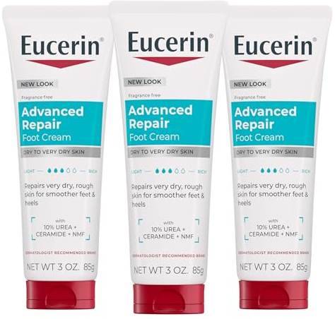 Eucerin Advanced Repair Foot Cream for Dry Feet and Heels, Repairs Very Dry, Rough Skin, Fragrance Free, Non Greasy, Fast Absorbing, Travel Size Lotion, 3 Oz Tube, Pack of 3