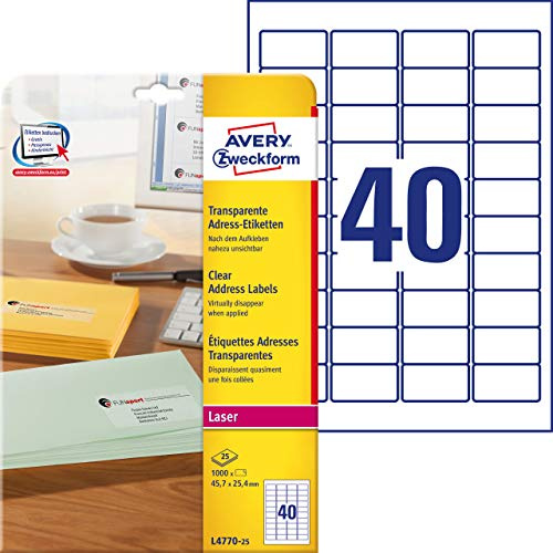 AVERY Zweckform L4770-25 Adressetiketten/Adressaufkleber (1.000 Etiketten, 45,7x25,4mm auf A4, bedruckbar, selbstklebend, für Absenderetiketten, durchsichtige Polyesterfolie) 25 Blatt, transparent
